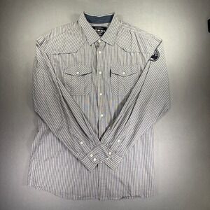 Ecko Unltd Mens XL Long Sleeve Striped Button Down Shirt Rhino Graphic Blue Grey